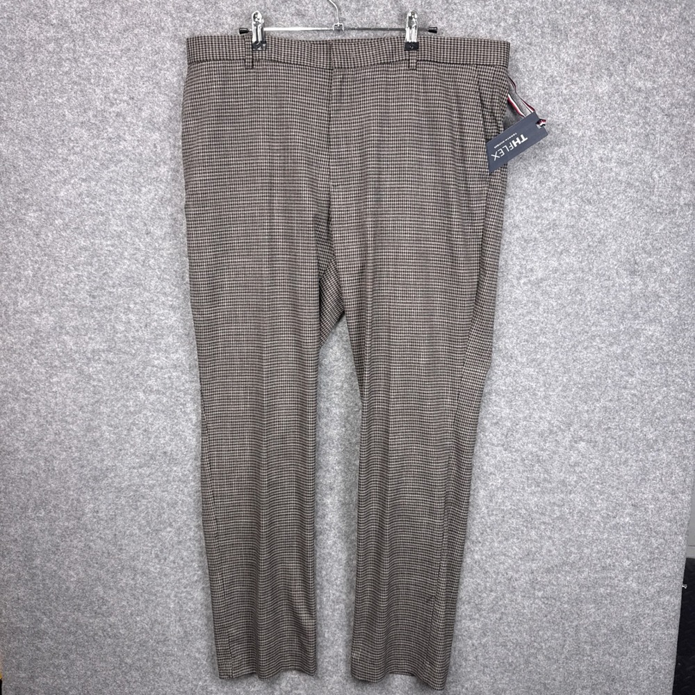 Tommy Hilfiger TH Flex Tate Mens Brown Houndstooth Dress Pants 38W 32L NEW